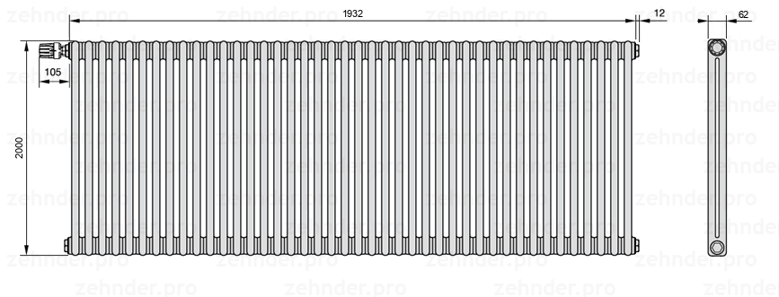 Схема (чертеж) Радиатор Zehnder Charleston 2200/42 №V012 Белый глянцевый RAL 9016